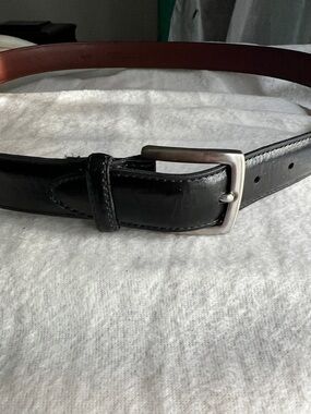 Men's Black Leather Dress Belt with Brushed Metal Buckle